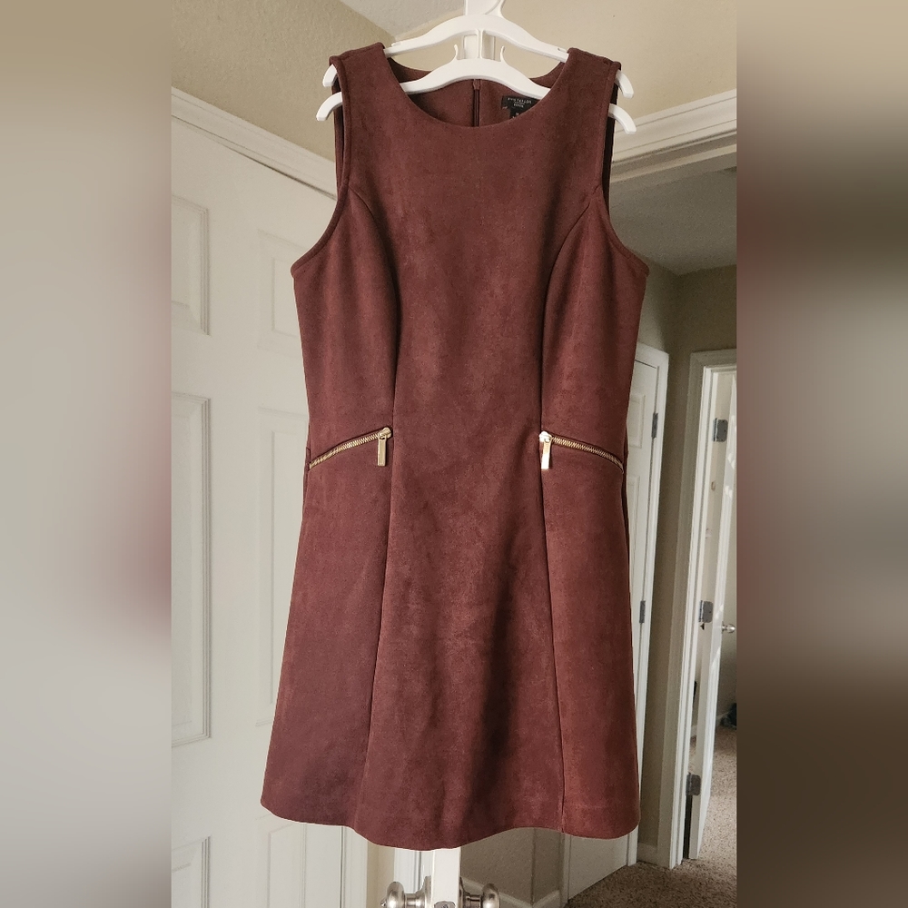 Ann Taylor Factory Faux Suede Dress Size 12 Petite Brown Gold Zipper Pocket